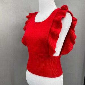 Vintage 70s Penrose Knit Ruffle Vest Top Women Red Orlon Acrylic Cropped Sz XS-S